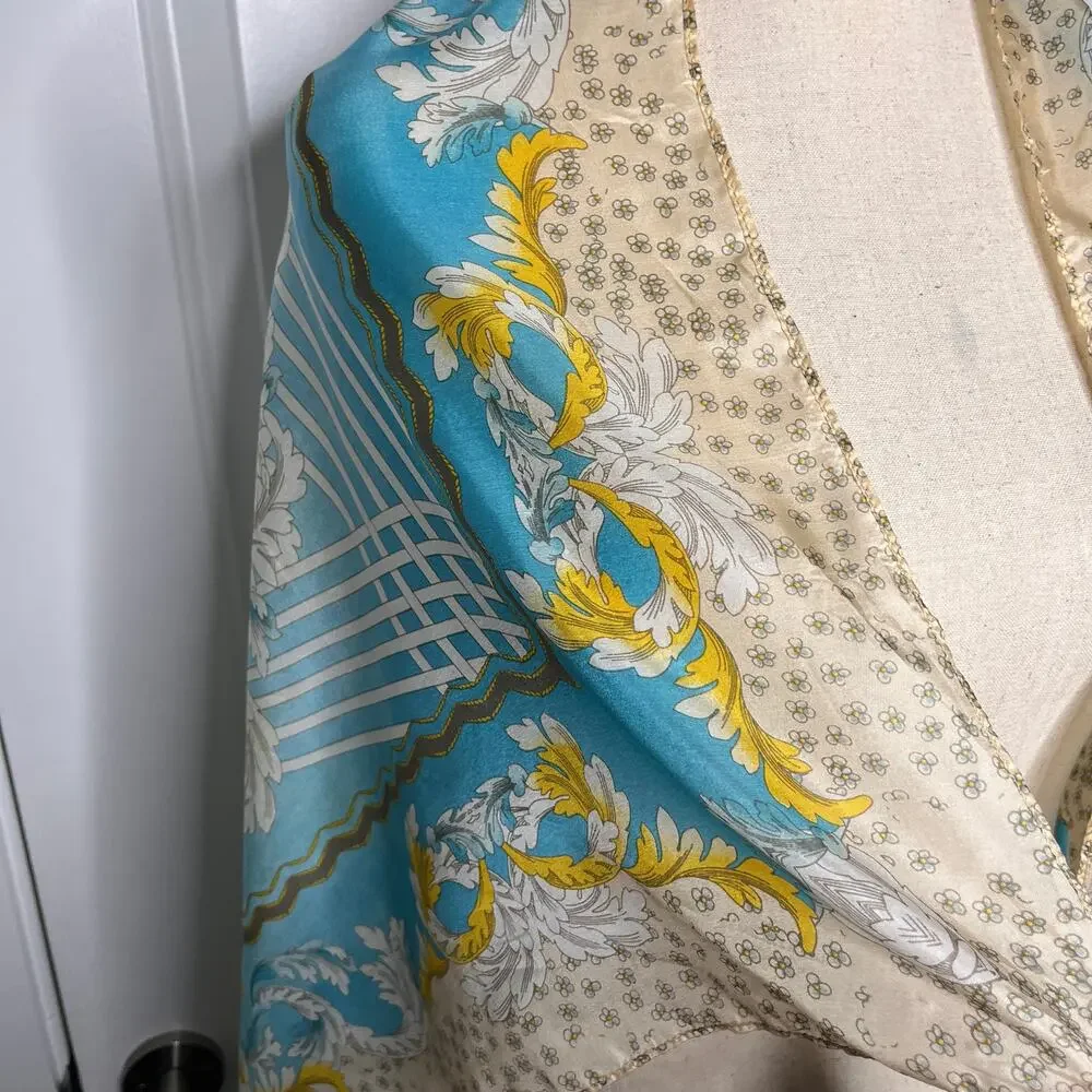 Johnny Was Silk Scarf Tassels Blue Floral Print Square Designer 42x42
